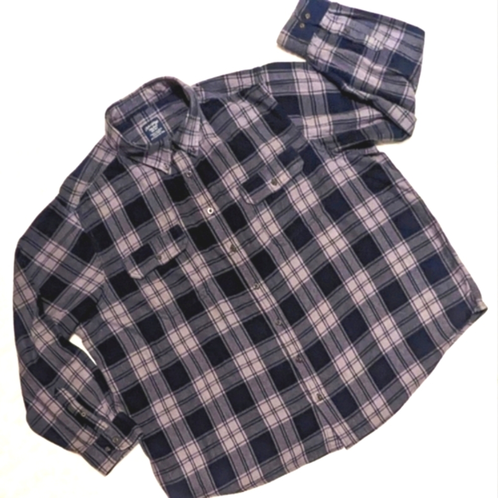 Faded Glory Big Guys 3X 54-56 Plaid Flannel 100% Cotton Gray Navy Checked